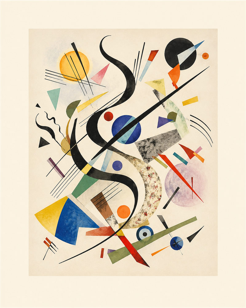 abstract composition: colorful geometric, bauhaus style, mid century modern, maximalist eclectic