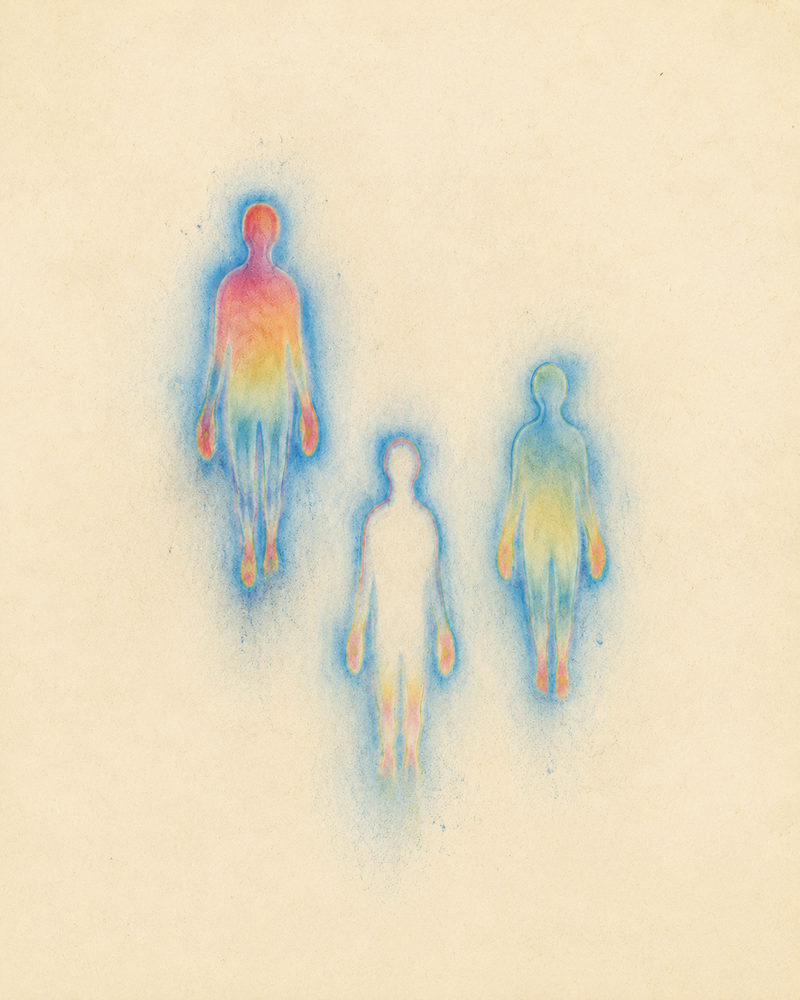 aura figures: ethereal rainbow silhouette, spiritual energy body, dreamy pastel