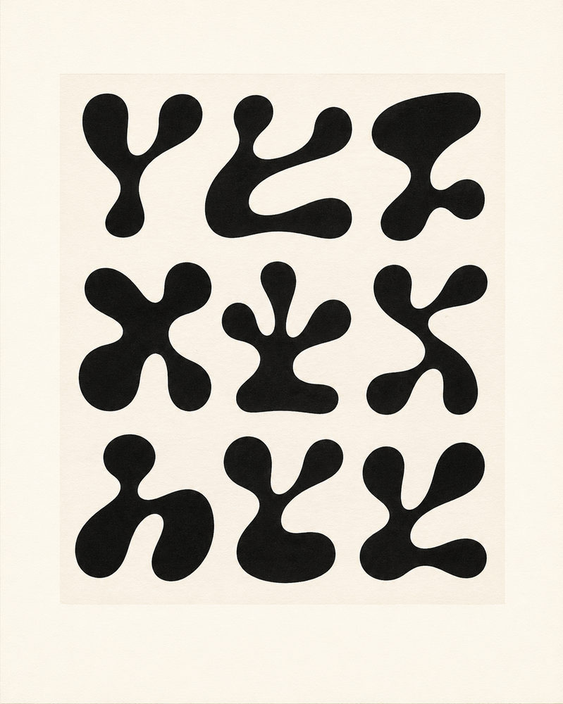 biomorphic grid: black & white organic shapes, mid century modern