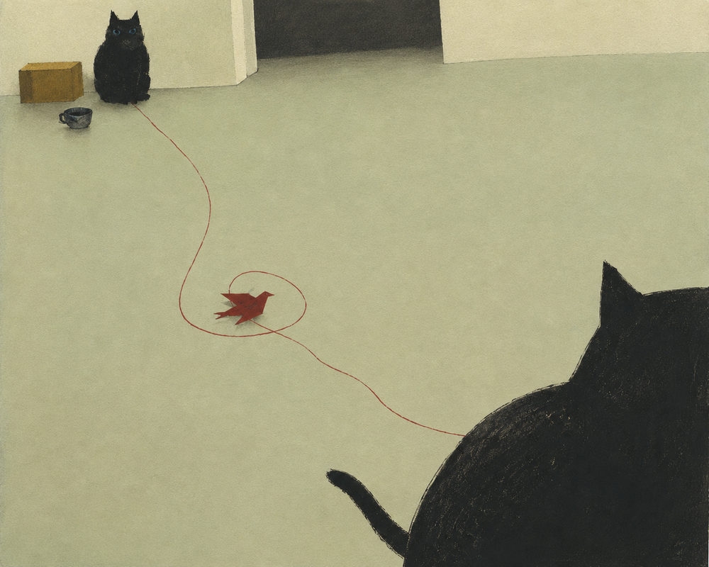 black cats: two cats, minimalist storybook, celadon green cat