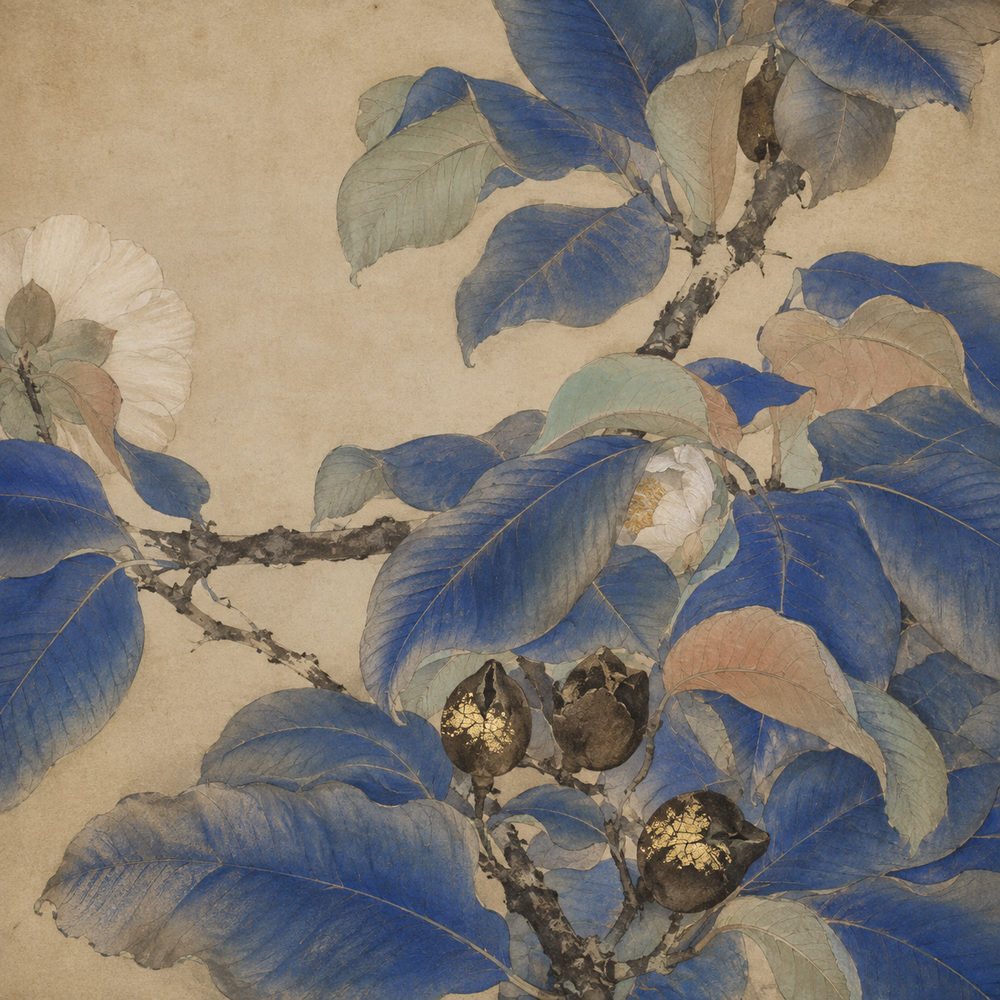 blue camellia: chinese gongbi brush, song dynasty bird and flower, lapis blue and gold