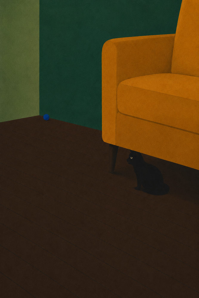 cat and ball: minimalist cat, cat and ball illustration, mustard yellow sofa, whimsical folk