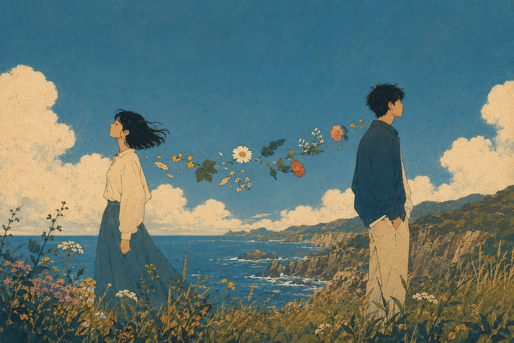 cliff couple: cliff wildflower garland, bittersweet romance, blue cream coastal
