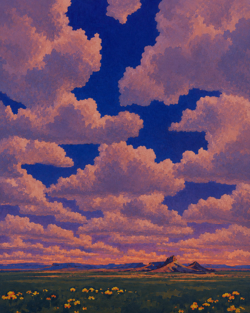 cloud mesa: pink cumulus cloud, cobalt blue desert mesa, mauve sunset landscape