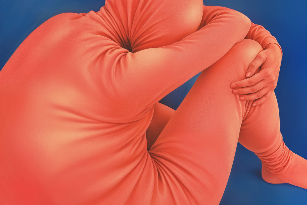 coral huddle: a faceless figure hugging its knees, a coral body suit on cobalt blue, airbrushed