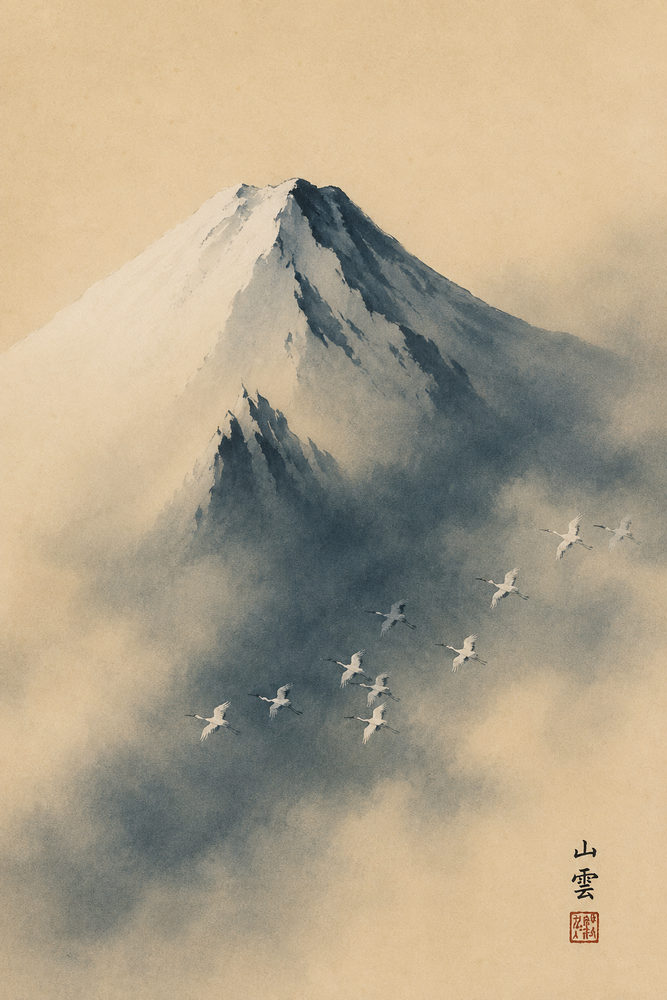 crane mountain: sumi-e ink wash mountain, indigo blue and cream, misty peak zen