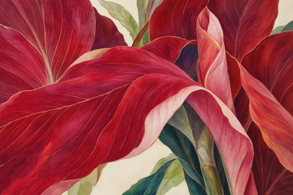 crimson fronds: watercolor leaf illustration, crimson foliage with pink undersides and gold veins on cream