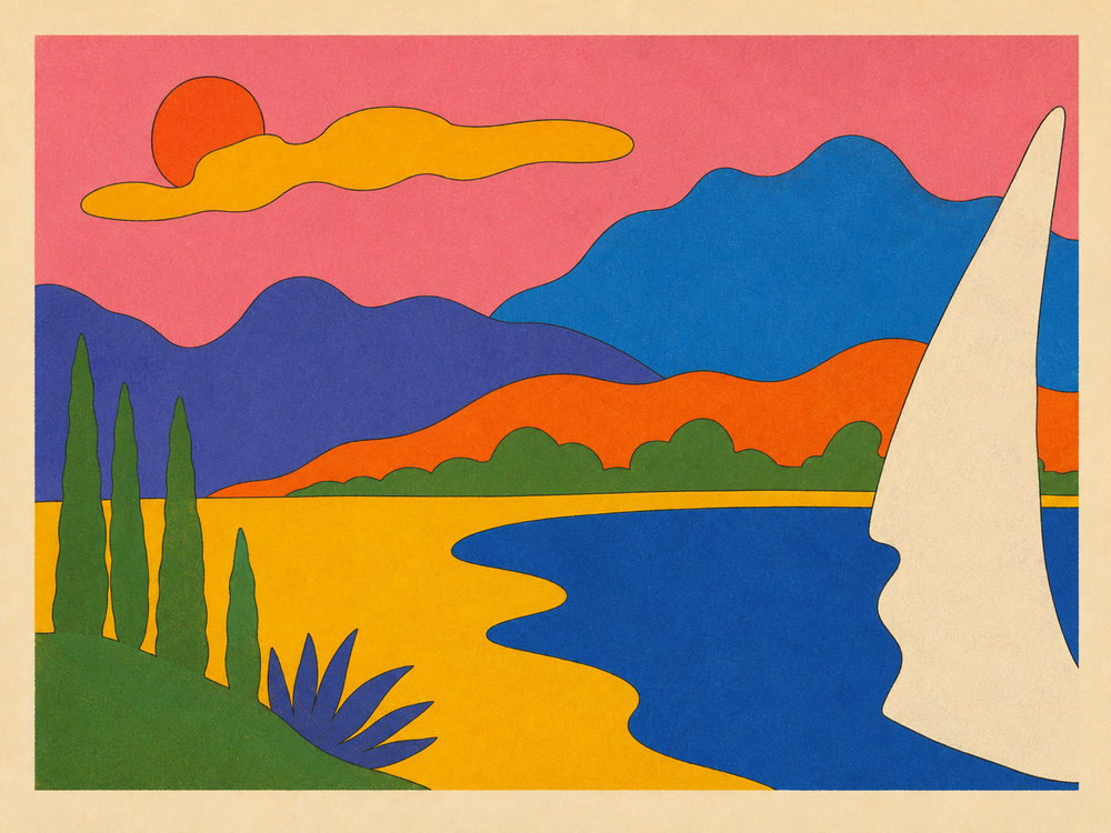 curving shoreline: retro travel, mid century cypress, colorful mediterranean lake sunset
