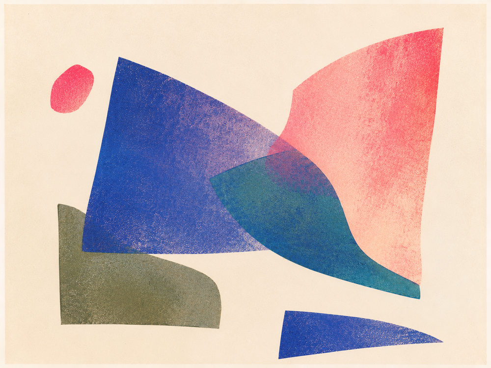 cut paper: blue & coral, organic shapes, modern living room