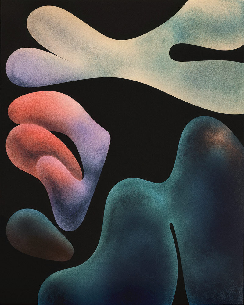 dark biomorphs: mid century modern, airbrushed floating forms, coral teal and lilac