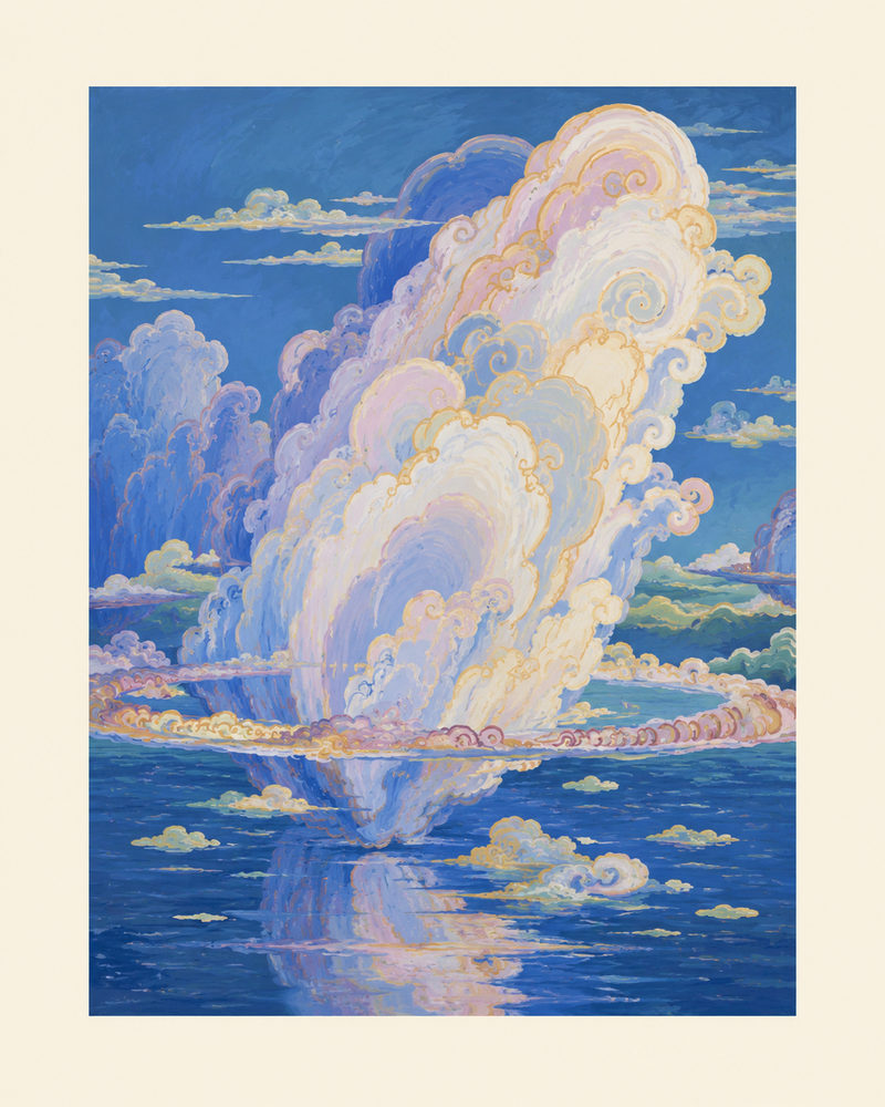 deco clouds: swirling clouds over water, vintage pastel coastal