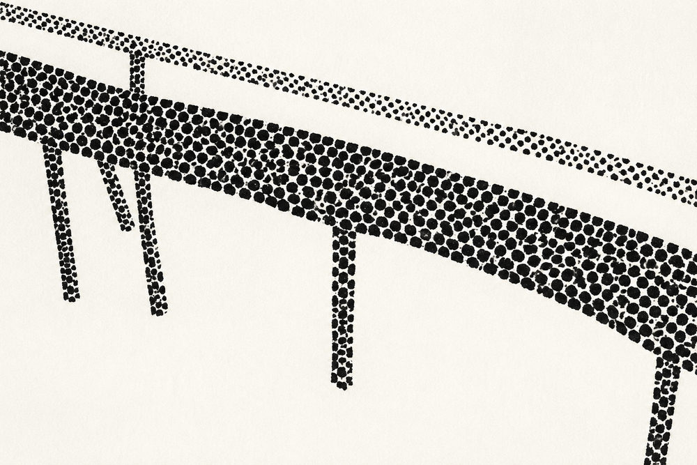 dotted viaduct: pointillist bridge, black and cream stipple, minimalist architecture