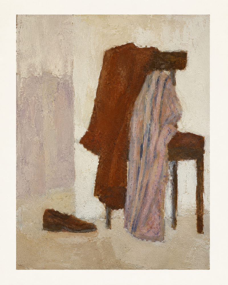 draped still life: muted earth tone, painterly rust, quiet neutral living room