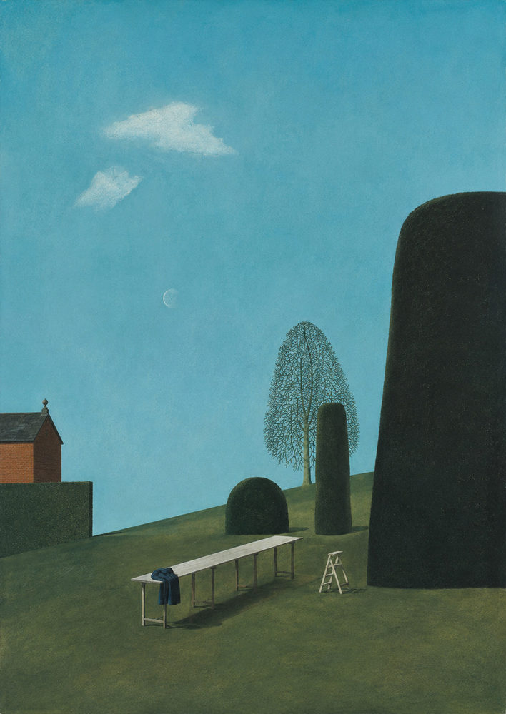 empty garden: topiary and crescent moon, turquoise sky landscape, dreamlike green