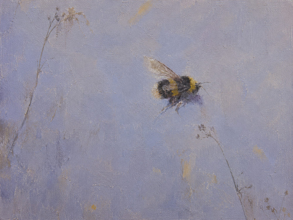 flying bee: impressionist bee oil, minimal lavender grey, warm ochre and violet