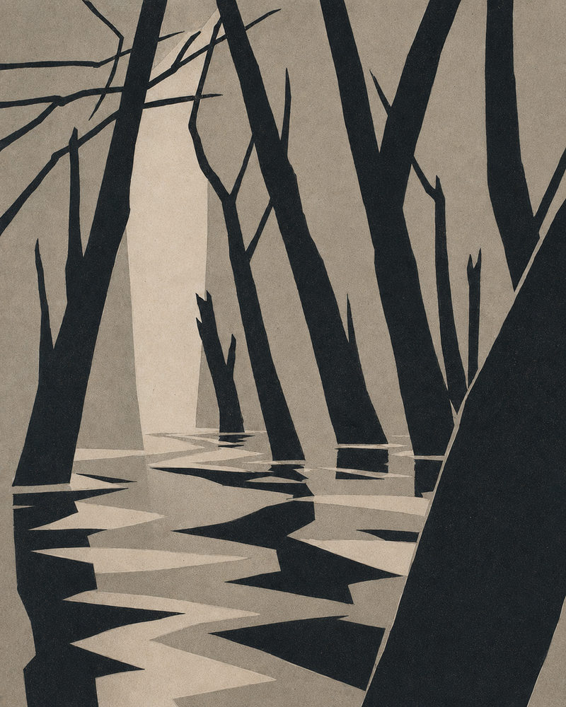 forest reflection: woodcut style, black sepia landscape, moody nature