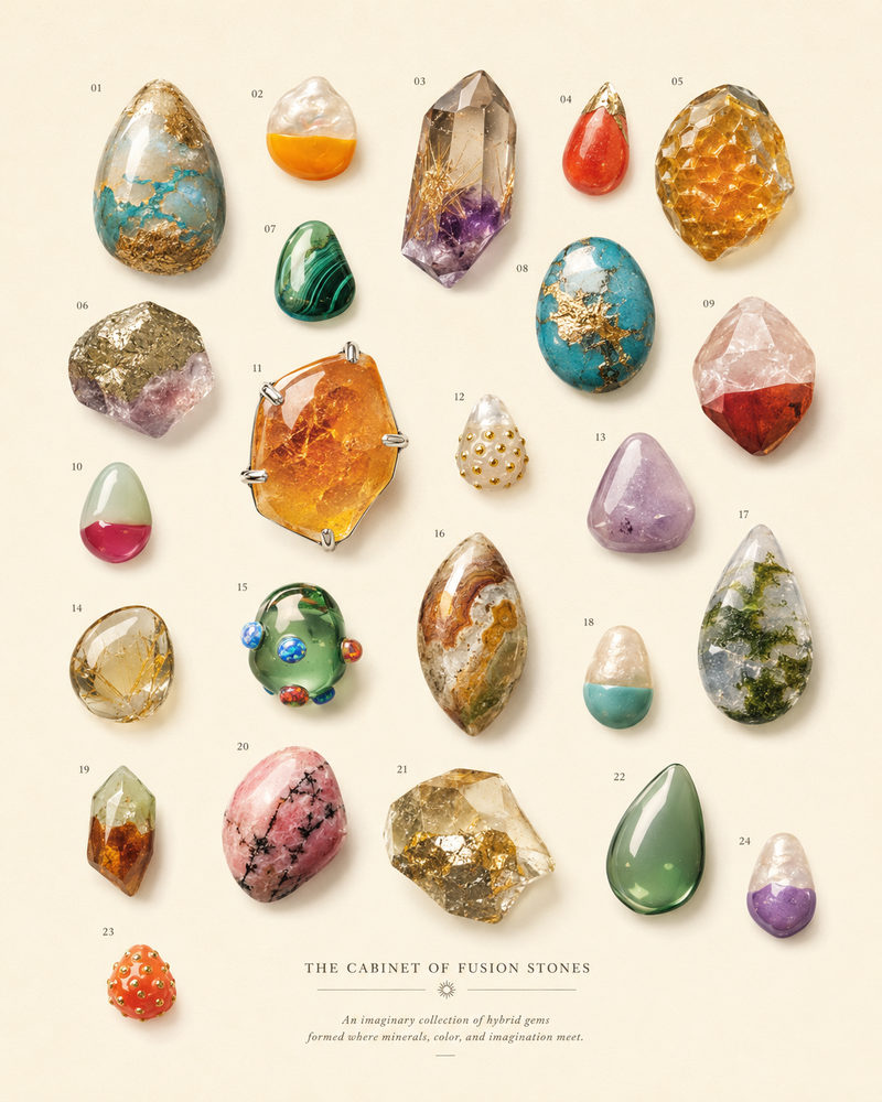 fusion stones: gemstone, vintage mineral illustration, cabinet of curiosities