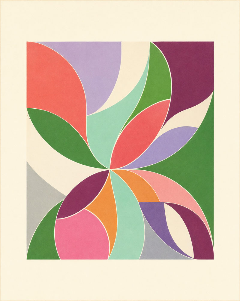geometric bloom: colorful petal, retro 70s op, mid century modern bloom