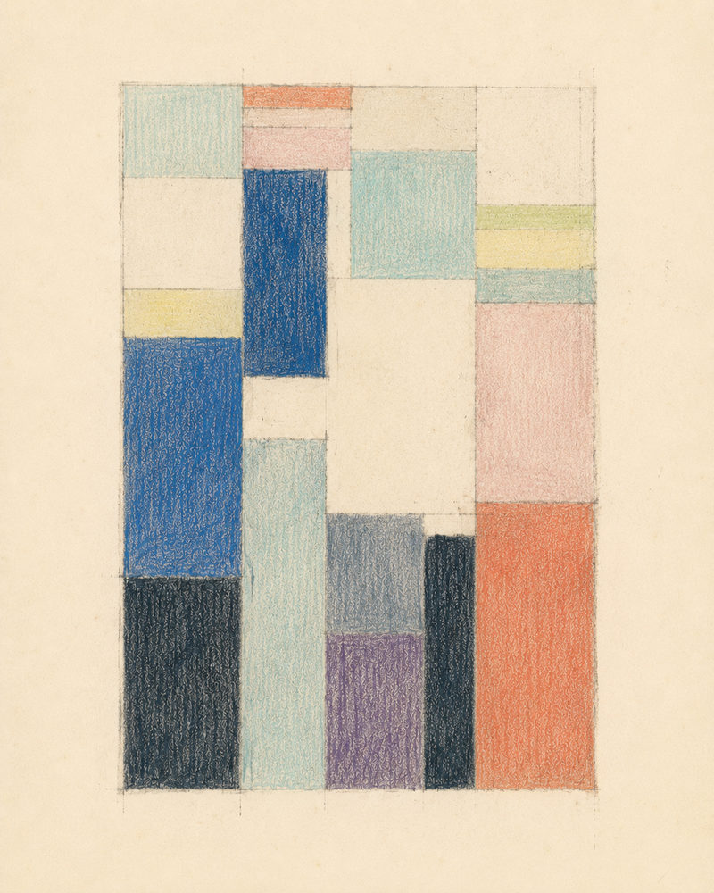 geometric study: muted abstract, soft rectangles, calm modern living room