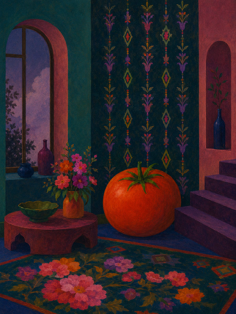 giant tomato: surreal magic realism still life, emerald green coral red