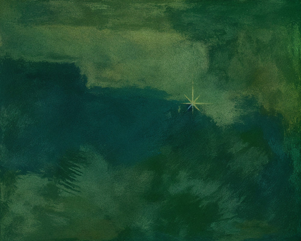 green star: gold star abstract, forest green color wash, dark teal meditation room