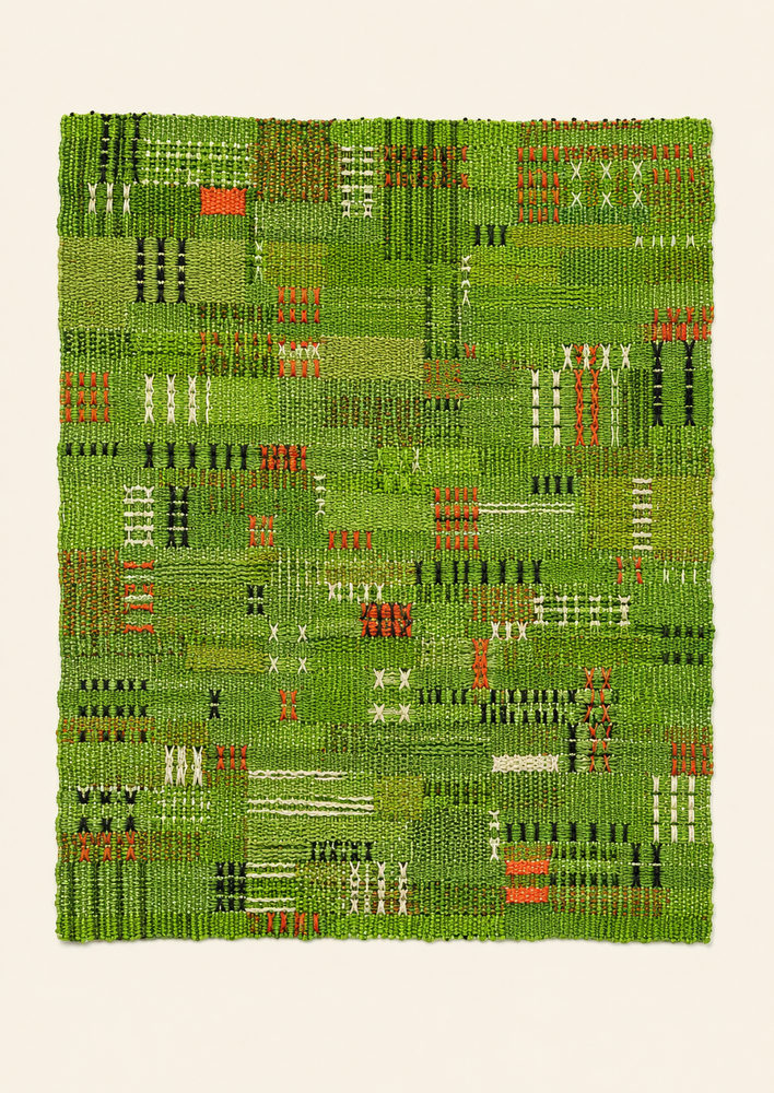 green weaving: green abstract tapestry, mid century fiber, bauhaus weaving