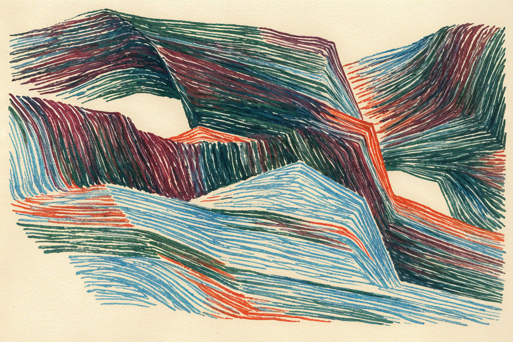 hatched ridges: folded hills in marker, teal, maroon, cobalt and orange strokes on cream paper