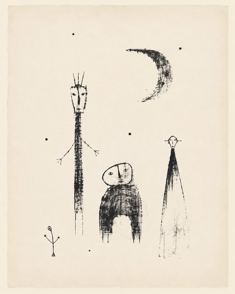 ink figures: naive folk drawing, whimsical moon & stars, outsider