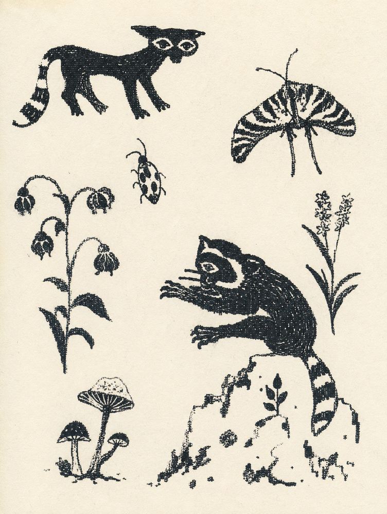 ink menagerie: folk woodcut animal, vintage halftone ink, moth beetle mushroom