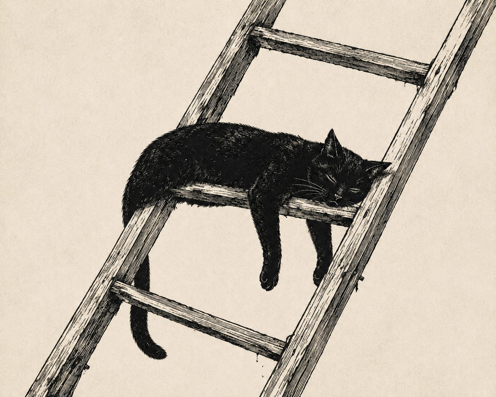 ladder cat: vintage engraving style, sleeping cat etching