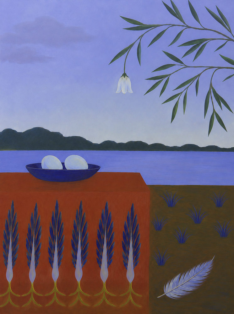 lakeside eggs: two eggs in a cobalt bowl, surreal lakeside table, terracotta and blue