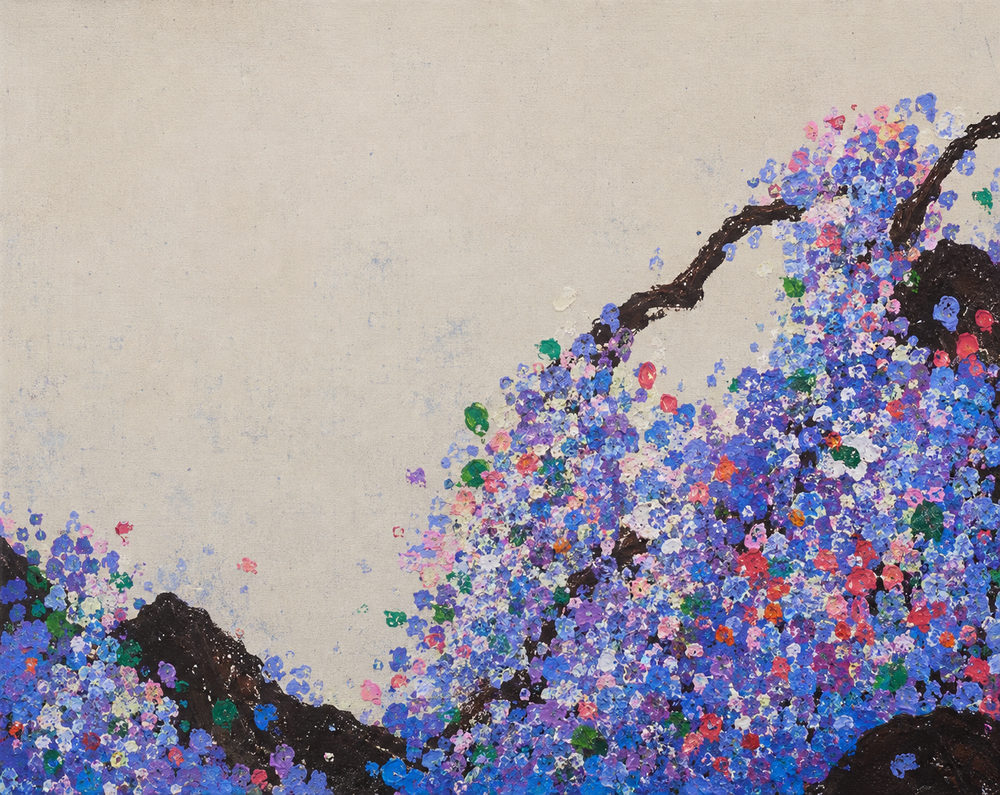 linen blossom: impasto blossom, linen texture abstract botanical, cornflower blue coral pink
