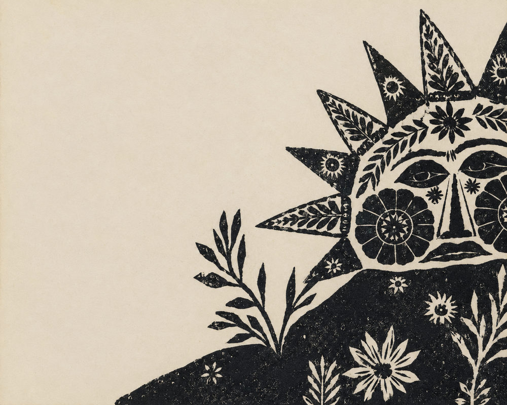 linocut sun: black and cream block, mexican folk, wildflower hill landscape