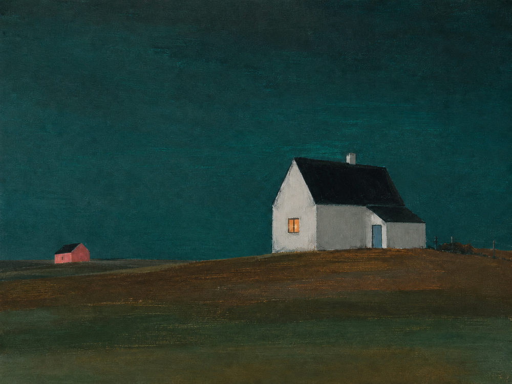 lit window: lone farmhouse at night, dark teal prairie landscape, red barn