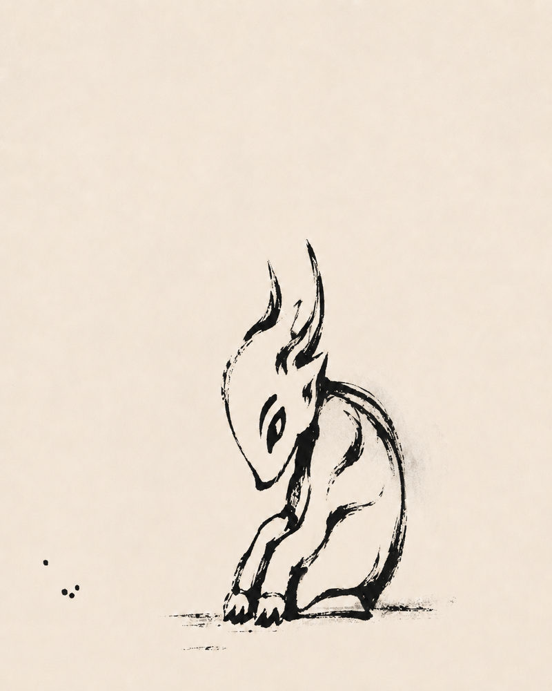 lonely imp: whimsical sad creature, minimalist japanese ink drawing, lonely imp