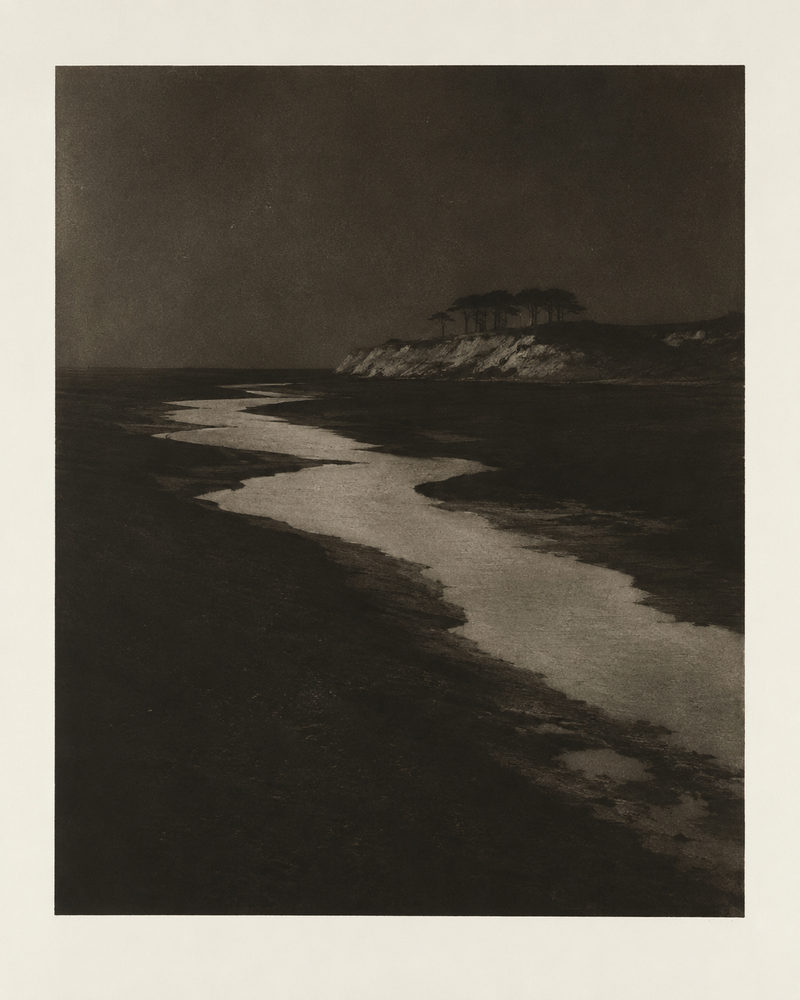 marsh moonlight: sepia nocturne, pictorialist landscape, tidal creek and sea cliff
