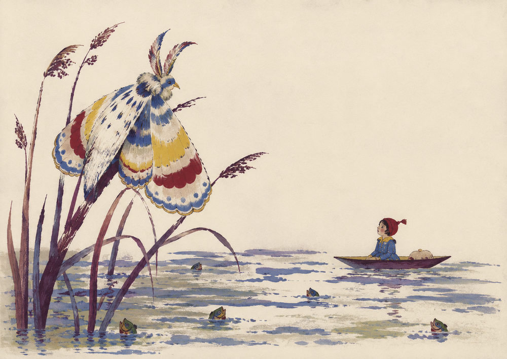 marsh mothbird: whimsical marsh fairytale, girl in red boat, vintage folk lithograph