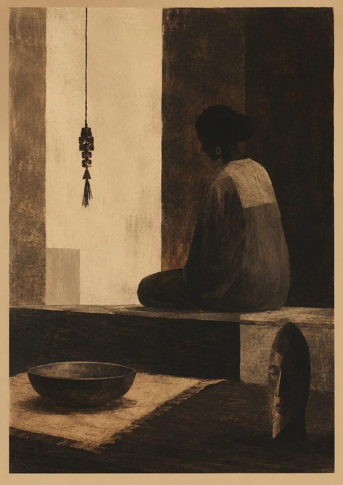 meditation: sepia brown, zen painterly, warm earthy meditation room