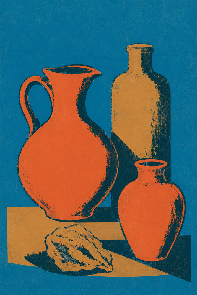 minimalist pottery: orange & blue, bold screenprint still life, modern kitchen