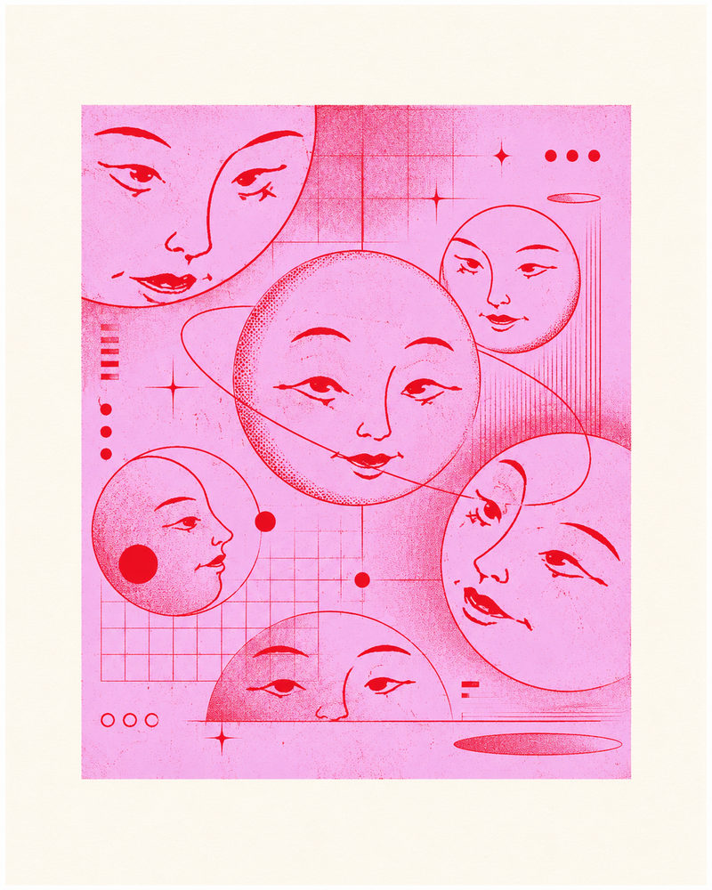 moon faces: pink moon faces, risograph style, dreamy lunar illustration