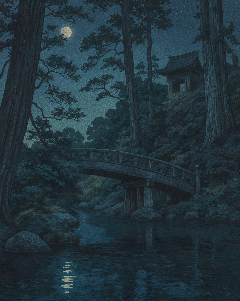 moonlit bridge: shin hanga style moonlit bridge, indigo night landscape, temple gate and moon reflection