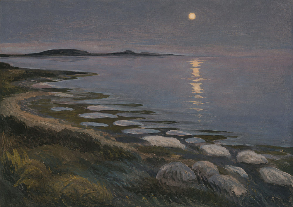 moonlit shore: moonlit shore, nordic romanticism nocturne, violet grey coastal landscape