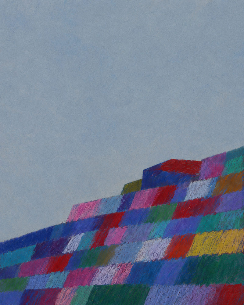 mosaic slope: mosaic color block, colored pencil jewel tone, crimson cobalt grey blue