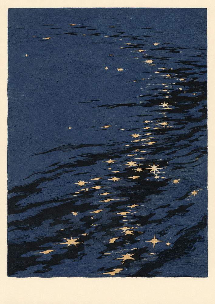 night reflections: golden stars on midnight blue water