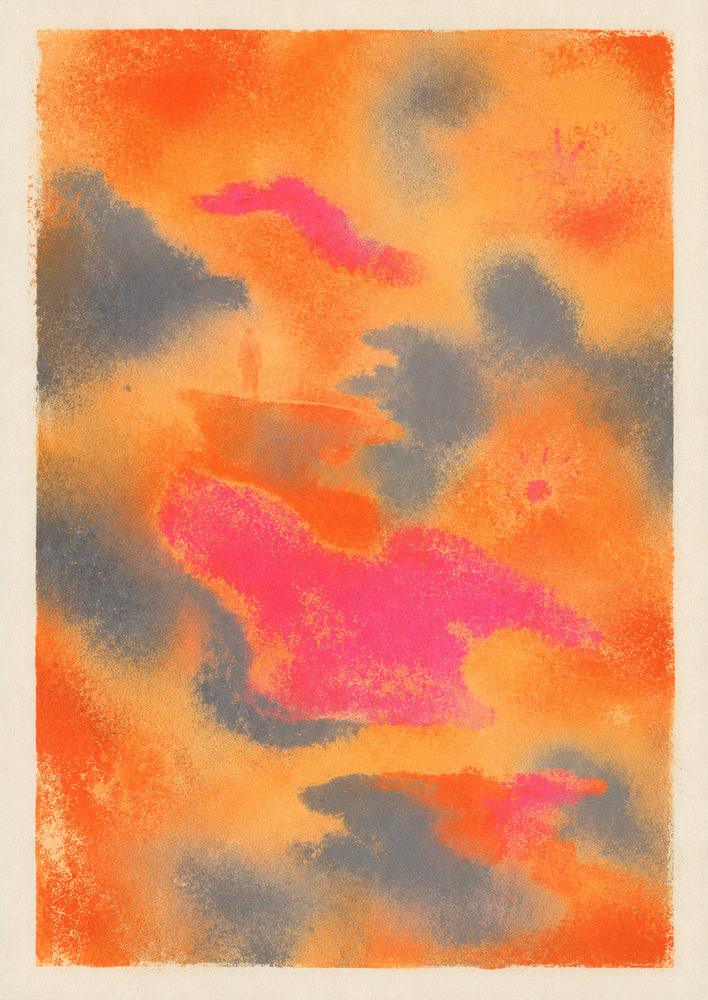 orange skies: hazy sunset, magenta & gray cloud, dreamy living room