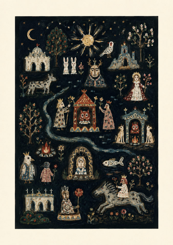 owl and moon: whimsical nocturnal folklore, naive storybook