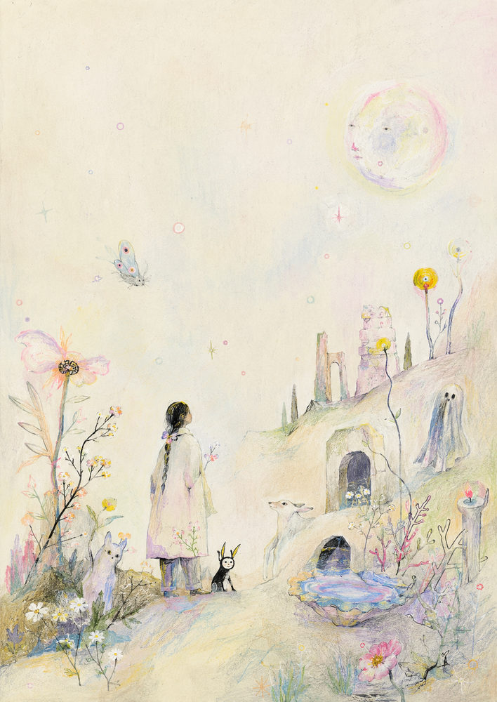 pastel journey: storybook girl and fawn, pastel moon, fairycore, blush pink lavender