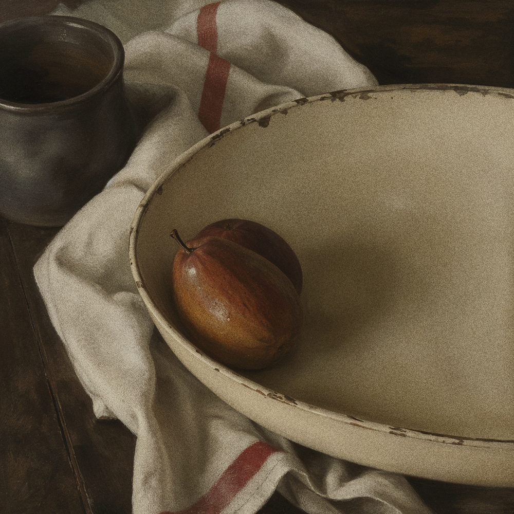 pear bowl: enamel bowl and tea towel, dark moody chiaroscuro, dutch golden age style