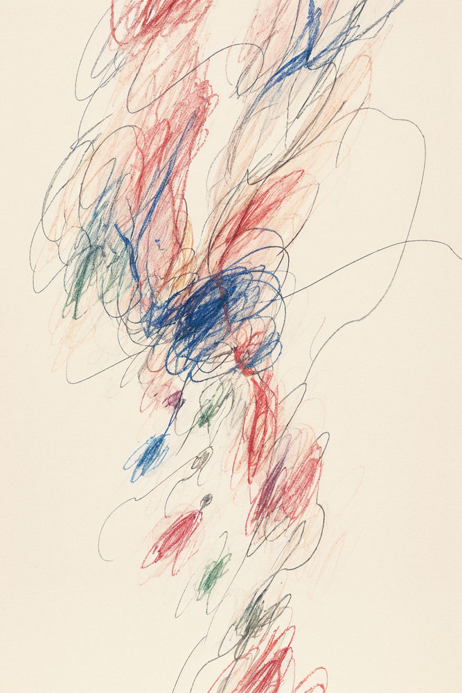 pencil cascade: tangled line doodle, red cobalt blue and green on cream, minimalist drawing