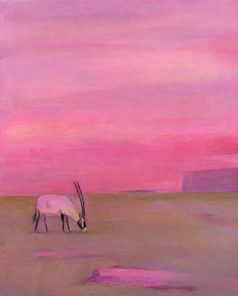 pink oryx: arabian oryx, white antelope color field, hot pink olive green landscape